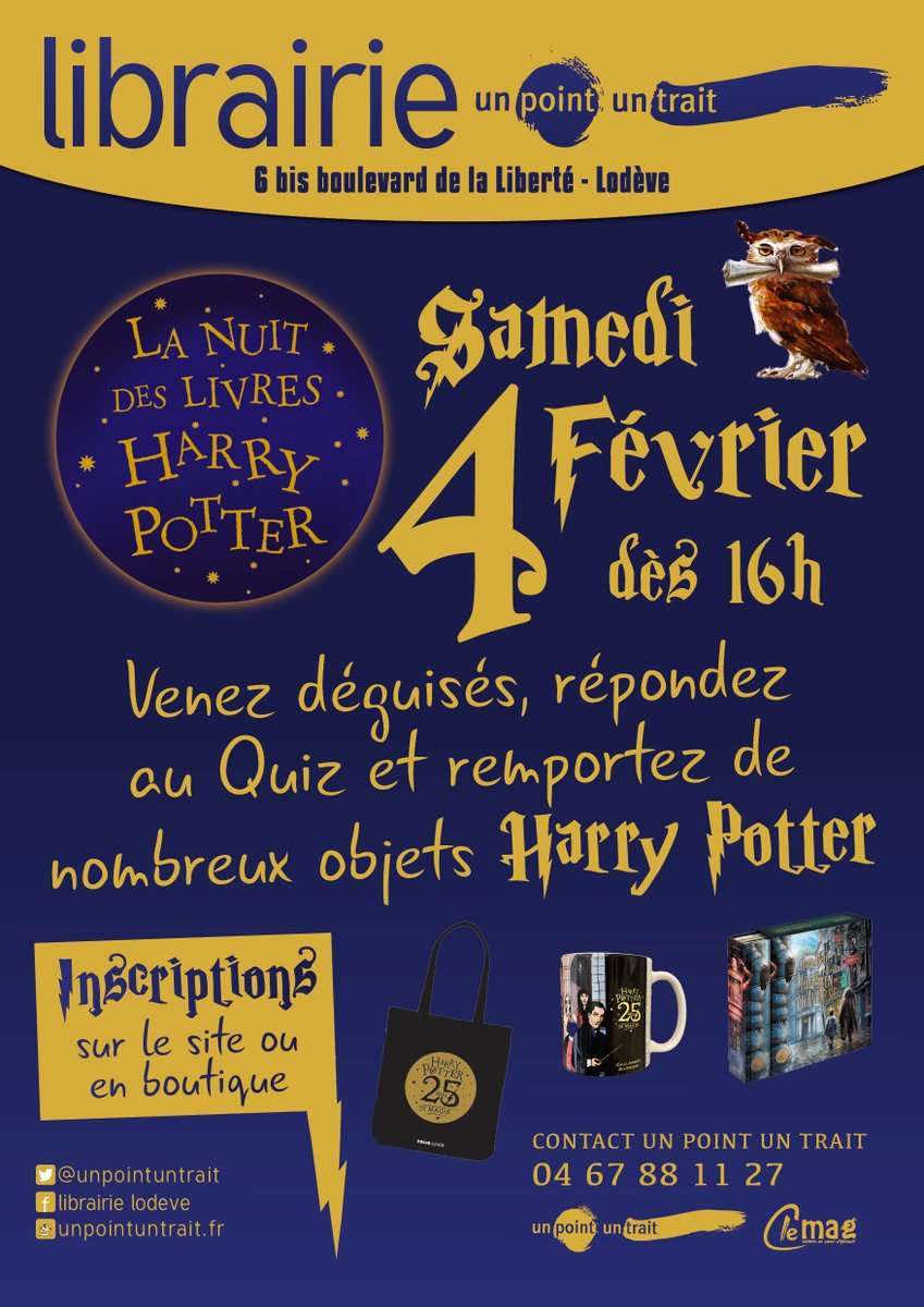 La librairie réitère sa participation à la #NuitdesLivresHarryPotter !
Soyez au rendez-vous le samedi 4 février dès 16h !

Inscriptions et informations sur notre page dédiée : 

unpointuntrait.fr/nuit-des-livre…