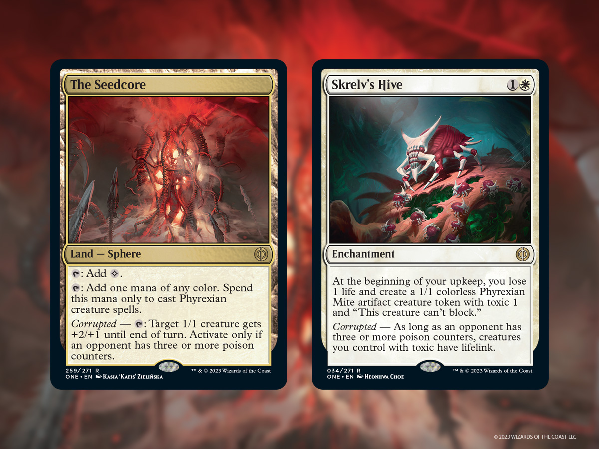 Poison counters can kill your opponent at 10, but what about getting a benefit at 3? 

Corrupted abilites care if an opponent has 3 or more poison counters as shown off in The Seedcore and Skrelv's Hive. #MTGPhyrexia