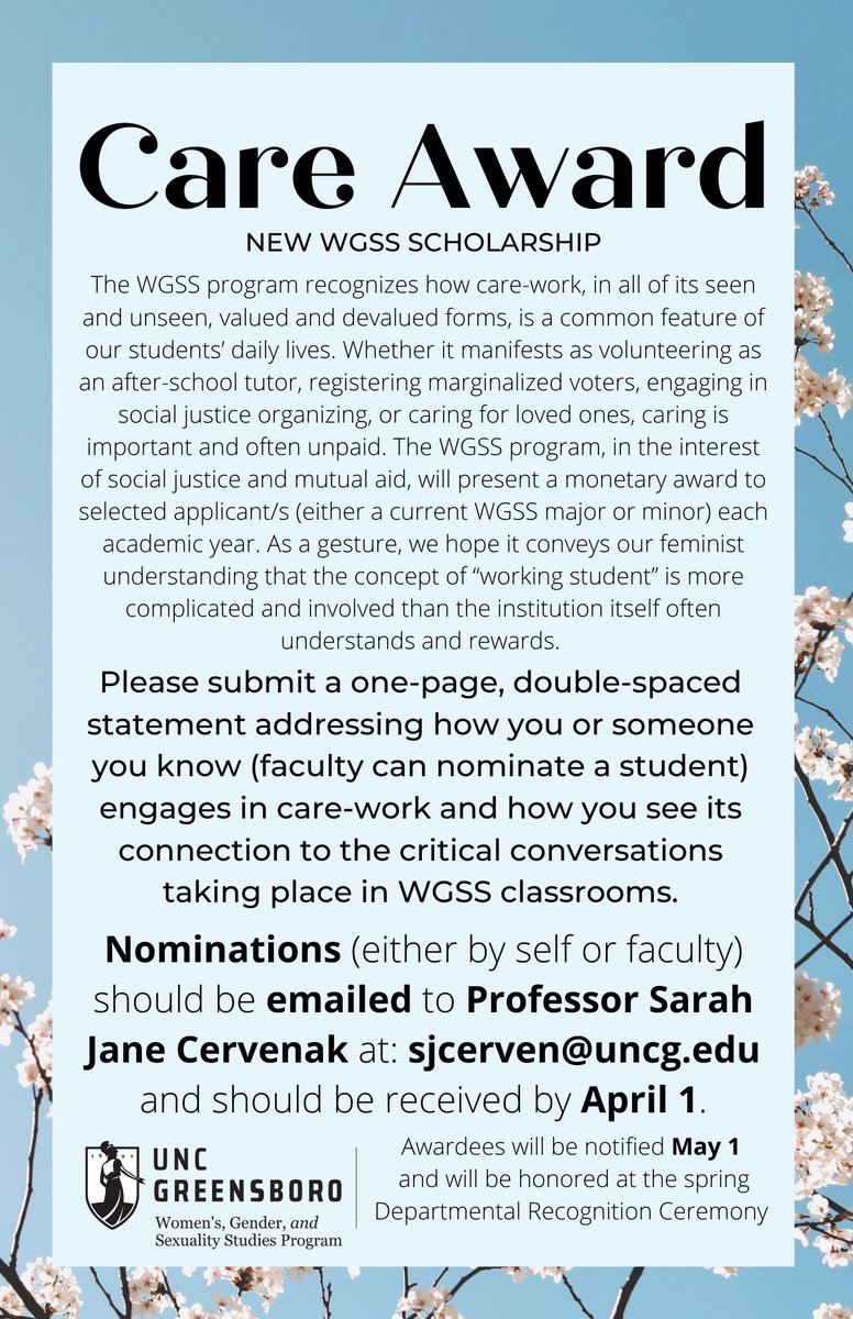 UNCGWGSS's tweet photo. Calling all WGSS majors and minors! Care Award Scholarship applications are open now, be sure to send yours in by April 1st!! https://t.co/QLHTM26dfK