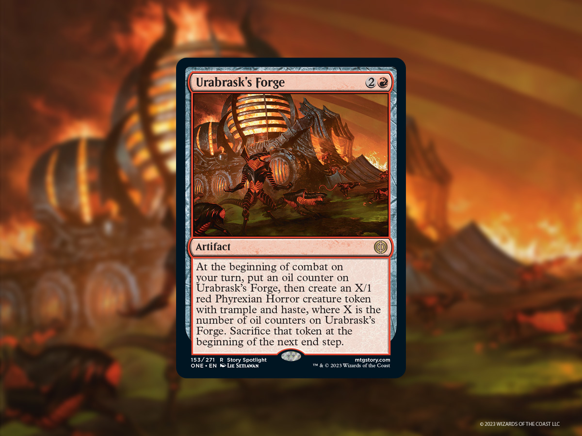 Oil is the fuel that keeps the Phyrexian machine running. As such, oil  counters show up all over the place in #MTGPhyrexia. Behold, Urabrask's  Forge.