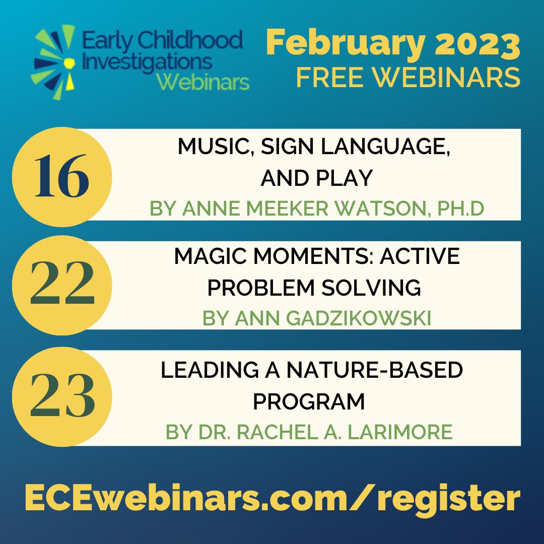 Fabulous FREE February webinars! + 2023 at a glance! - mailchi.mp/earlychildhood…

#earlychildhoodeducation #earlyed #preschool #headstart #prek #earlylearning #CDNchildcare #childcare #inclusion #naturepreschool #asl #music #kinderchat #ECE #ECEchat #earlyedchat