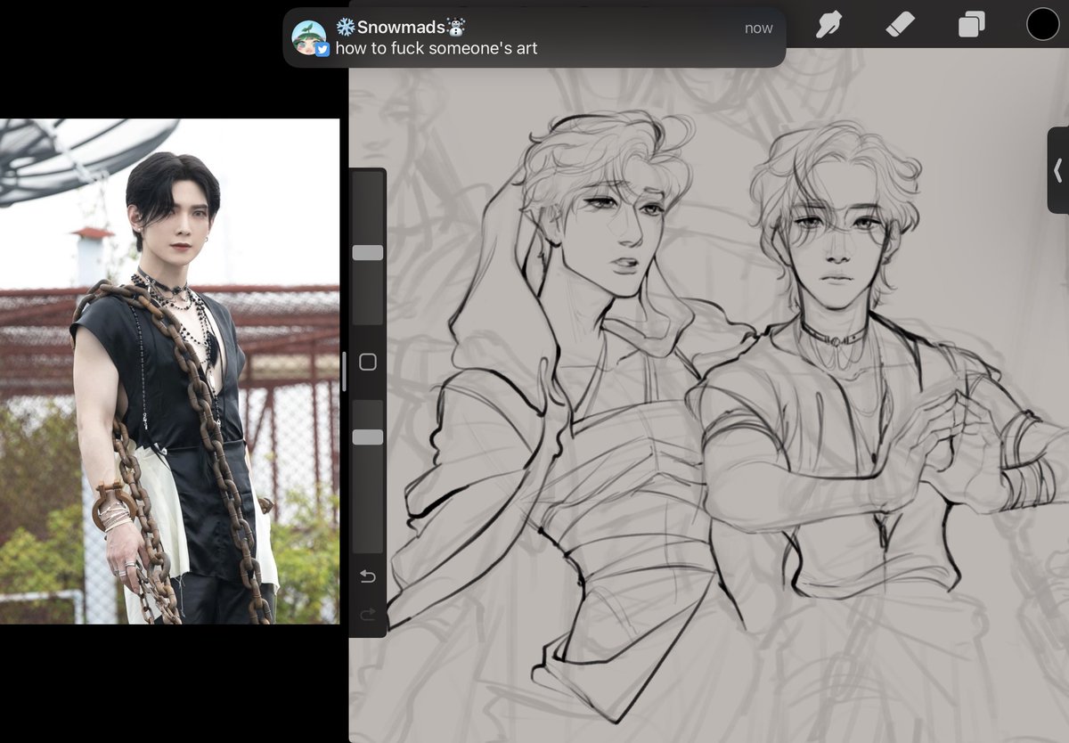 Sketch refining ! Actually using references to get their likeness after already having established their poses, the angles their faces would have and all of that. In this piece I referenced a TON of paintings in each member, you can see some of them here 