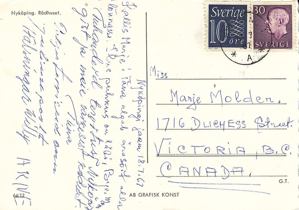 MarjeMolder's tweet photo. #philately #Vintage #Swedish #realphoto #postcard of #Nykoping Tow n Hall built in 1723 It is now a tourist bureau PU #stamps 30 krona issued 1962 Mi:: 489 + 10 ore issued 1957 Mi: 430 sent from #Nykoping #Sweden #PM July 18, 1967 sent to #Victoria #Canada #deltiology #Ephemera https://t.co/evBsZXhlMd