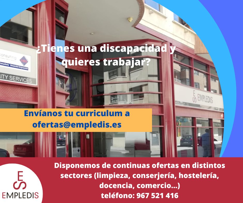Si tienes una discapacidad y quieres trabajar no dejes pasar esta oportunidad, envía tu curriculum a ofertas@empledis.es y entra a formar parte de nuestra bolsa, continuamente estamos recibiendo ofertas de diferentes sectores.
#empleo #empledis #discapacidad #talento