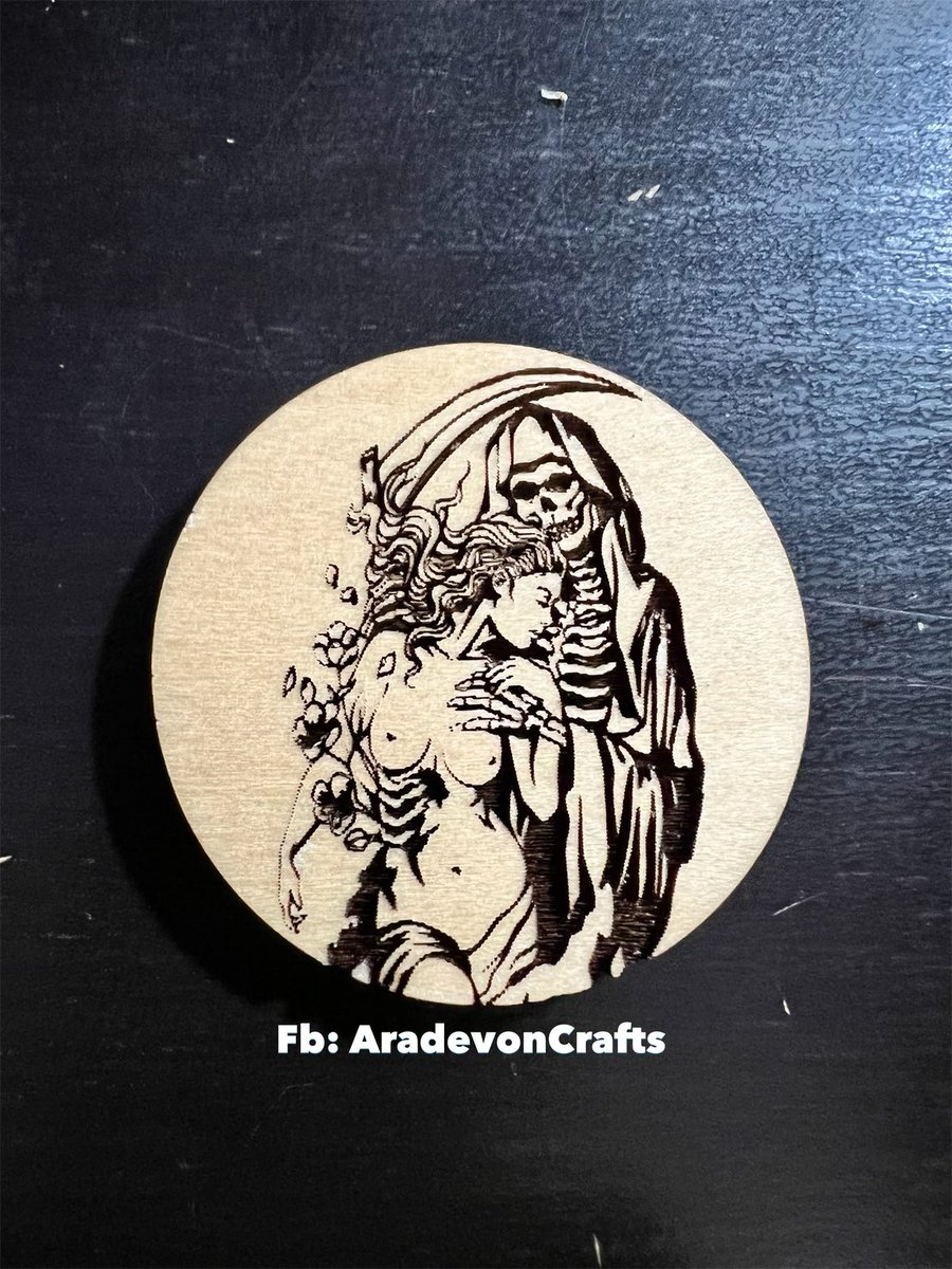 I found a file on #etsy and did a test engrave fir a magnet. #2inch #magnet #lasercut #laserengraving #glowforge #imadethis #svgfile #death #reaper #nudelady #handmade #beautiful