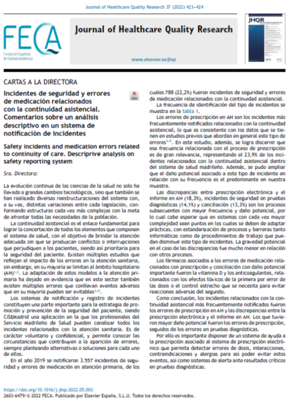 JHealthQualityR's tweet photo. 📰 Safety incidents and medication errors related to continuity of care. Descriprive analysis on safety reporting system
✏️Letter to the Director en el @JHealthQualityR #RevistaSECA #JHQR
👉 https://t.co/hCkGzQMLRk
✅ #QualityHealthcare #patientsafety #medicationerror #continuity https://t.co/oKOrjYlWxG