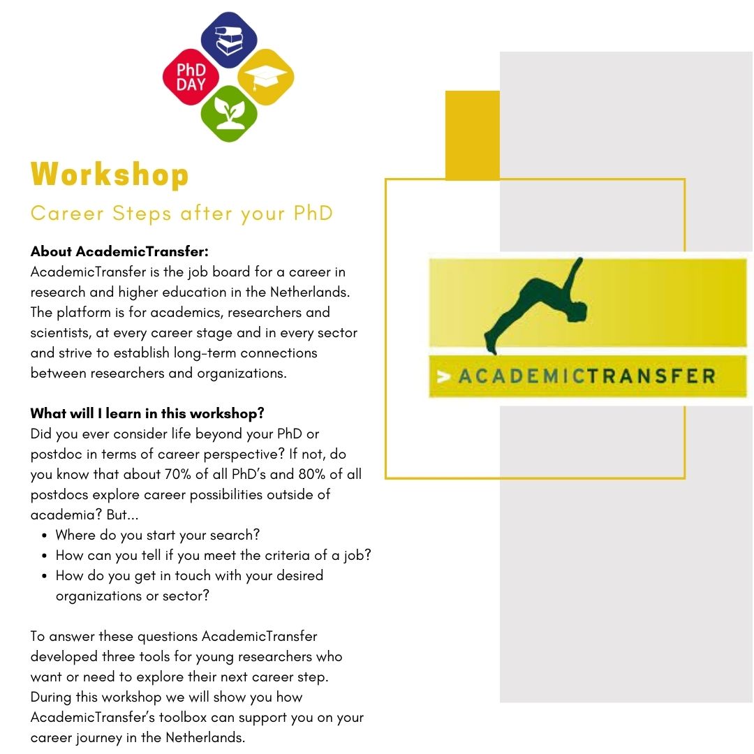 PhD_Day2023's tweet photo. Do you already know what to do after your PhD? To explore your next career steps, @AcademicTransfer developed a toolbox that supports you in your endeavors after your PhD! 📃
Learn more during the PhD Day 2023 (Tickets: https://t.co/cBRuR2Yf9m)
#phdday ##groningen #careersteps https://t.co/S8J0KrOIJM