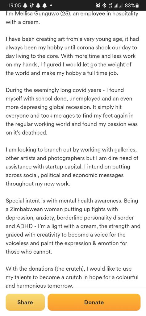 kudaspeaks's tweet photo. Hey y'all. A dear friend of mine, Mellisa, is trying to raise capital for jump-starting her art career and funding creative collaborations on GFM. She's a gifted Zimbabwean artist who's currently based in Germany. Please donate and boost this with RTs 🥺🙏🏾
https://t.co/RogXsKkuOH https://t.co/IAKvhIwfOX