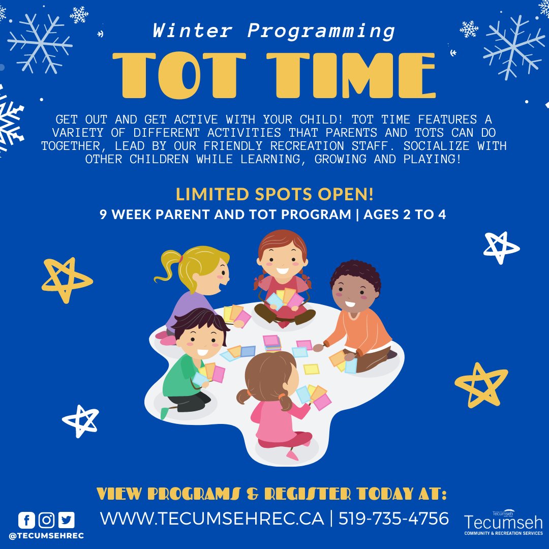 TecumsehRec's tweet photo. Get out &amp; active with your child! Signup now for Tot Time!🧸🪀

🗓️ Tuesday's from Feb. 7 - April 4
#⃣ Limited spots open | Ages 2-4

Register today at:
🖥️ https://t.co/wFbxNhKTaM
☎️ 519-735-4756

#TecumsehRec #TecumsehRecreation #RecreationProgram #RecreationProgramming https://t.co/SNOIf1B26m