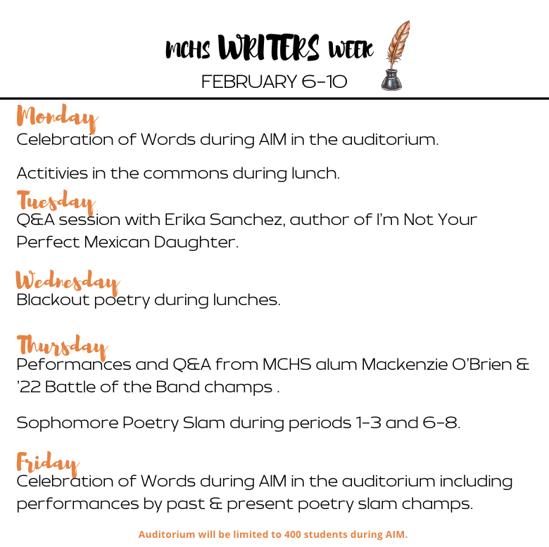 Want to participate in Writers Week 2023? Look at the calendar below to figure out what's happening this upcoming February! <a href="/MCHS156/">McHenry</a>
