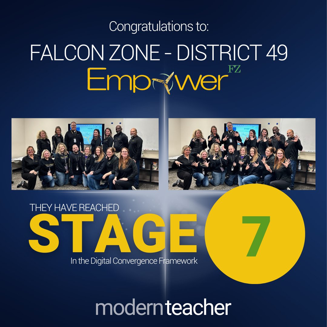 ModernTeacherCo's tweet photo. Congratulations to District49 - EmpowerFZ for entering Stage 7 of the Digital Convergence Framework!
Hard work and dedication by the entire team have paid off.
Learn more about this fantastic school district: https://t.co/K81xGT9mBP
#D49 #EmpowerFZ #Stage7 #FalconZone #ncdc23 https://t.co/mGNZeKUmea