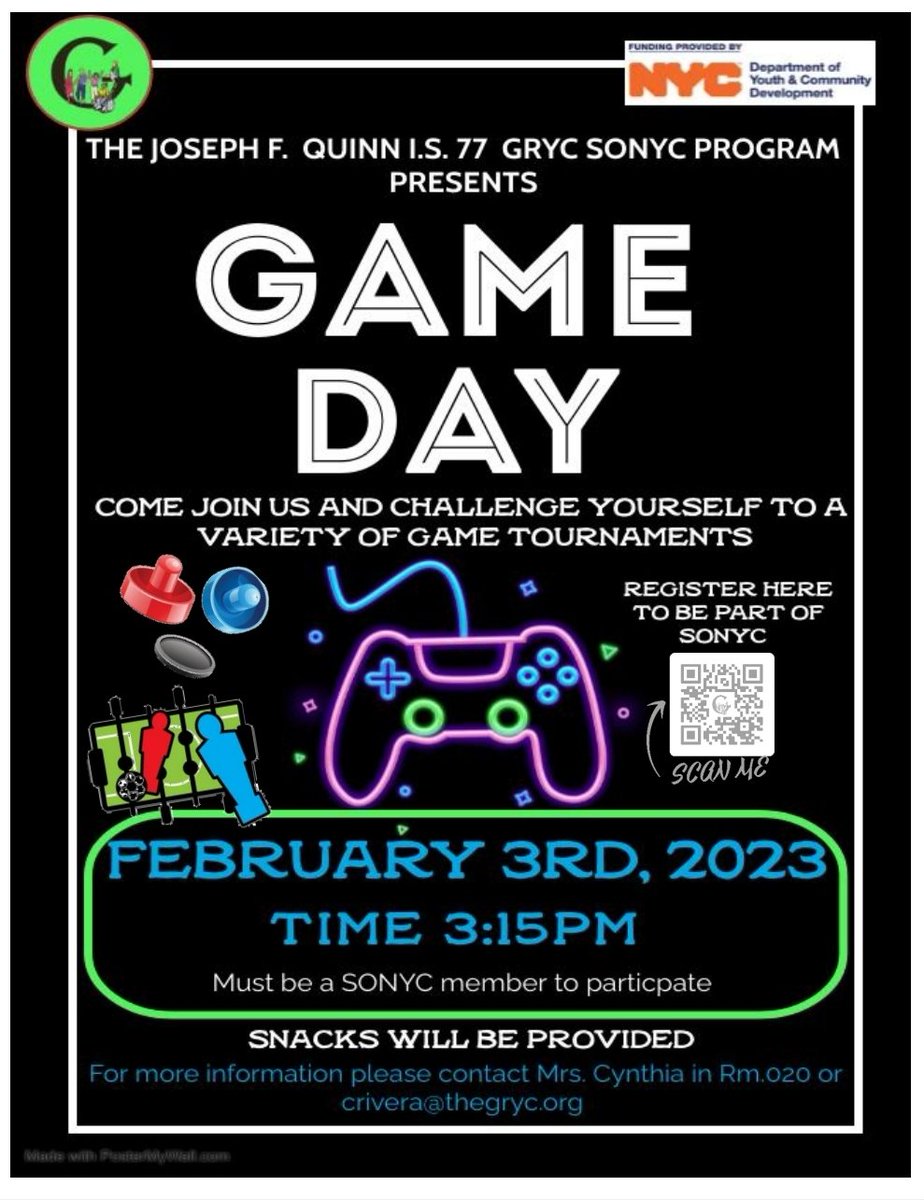 IS77Queens's tweet photo. Come join SONYC After School on GAME DAY 🎮
#JFQ #IS77 #MiddleSchool #School #Ridgewood #Queens #NYC #NY #NewYork #NewYorkCity #SONYC #AfterSchool https://t.co/8uKjVtFYLY