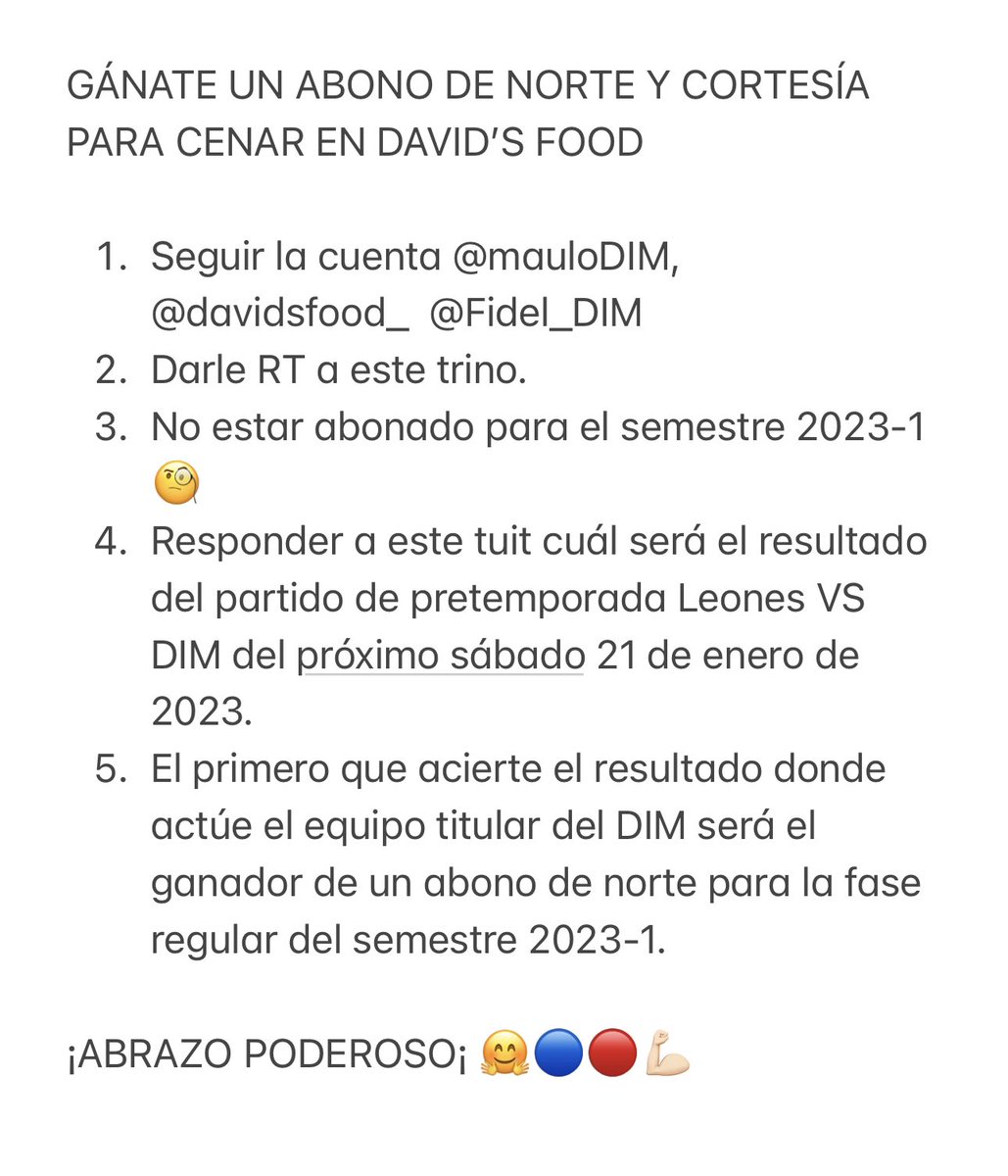 YoSoyMaulo's tweet photo. 🏟️ GÁNATE UN ABONO DE NORTE PARA VER AL DIM 🎉🔵🔴💪🏻

Como no hubo partido contra Táchira, el sorteo se hará con el marcador del partido con Leones en Ditaires el próximo sábado. Términos y condiciones ⤵️⤵️⤵️

Cortesía @MauloDIM, @DavidsFood__ y @Fidel_DIM https://t.co/P2G7EVtDvN