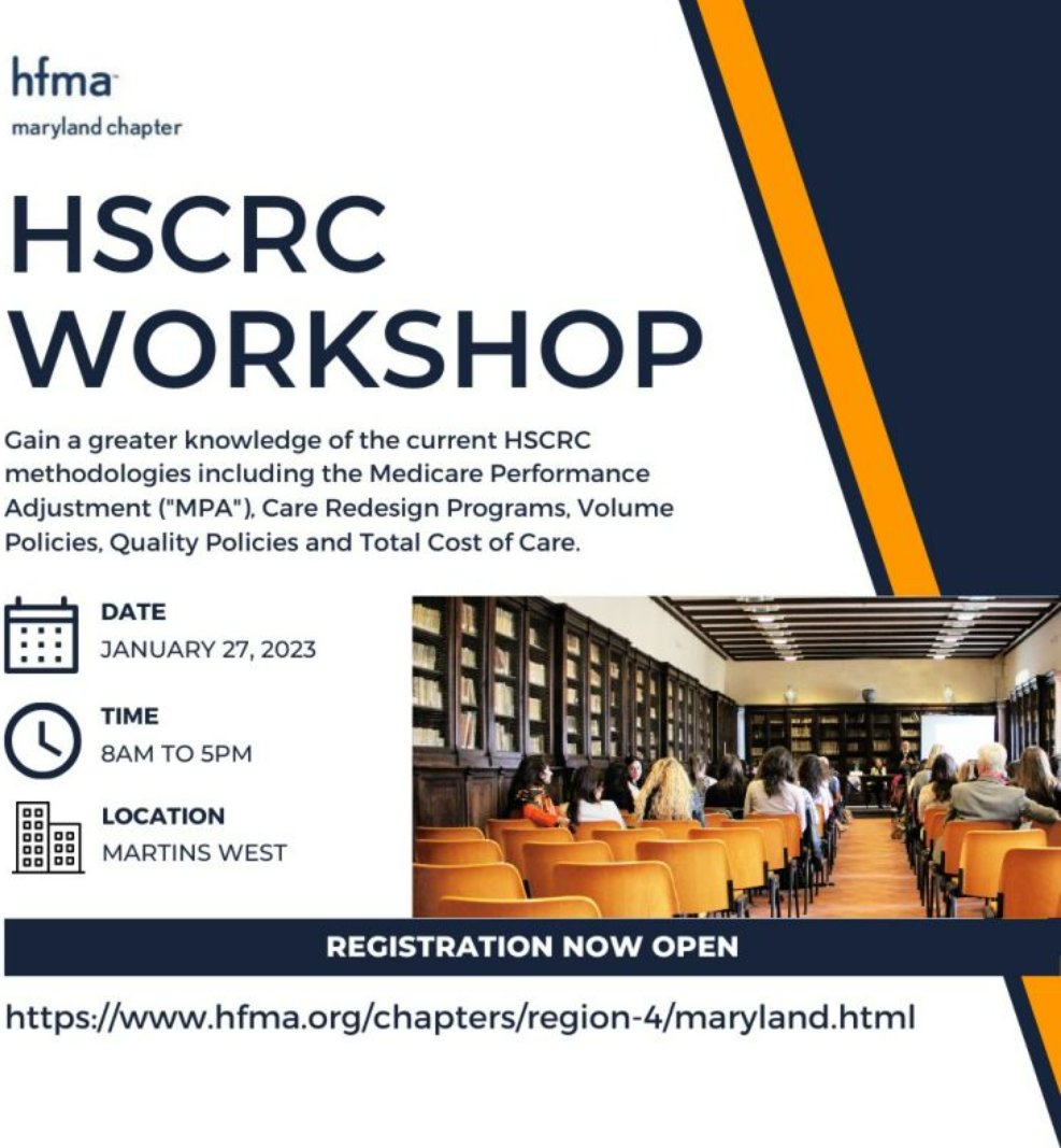 Registration is open for the annual HSCRC workshop. We are looking forward to being back in person at Martin's West but we are also offering a virtual option. To register click on the link: lnkd.in/gyD33Mgh