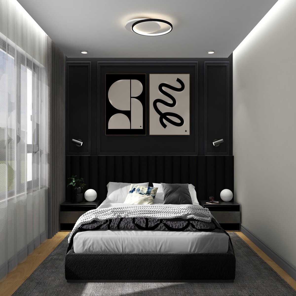 Dimps_Mo's tweet image. PART 1 - Main bedroom.
From moodboard inspo to real time space execution. Client brief was to create a morden dark interior bedroom with soft neutral tones.