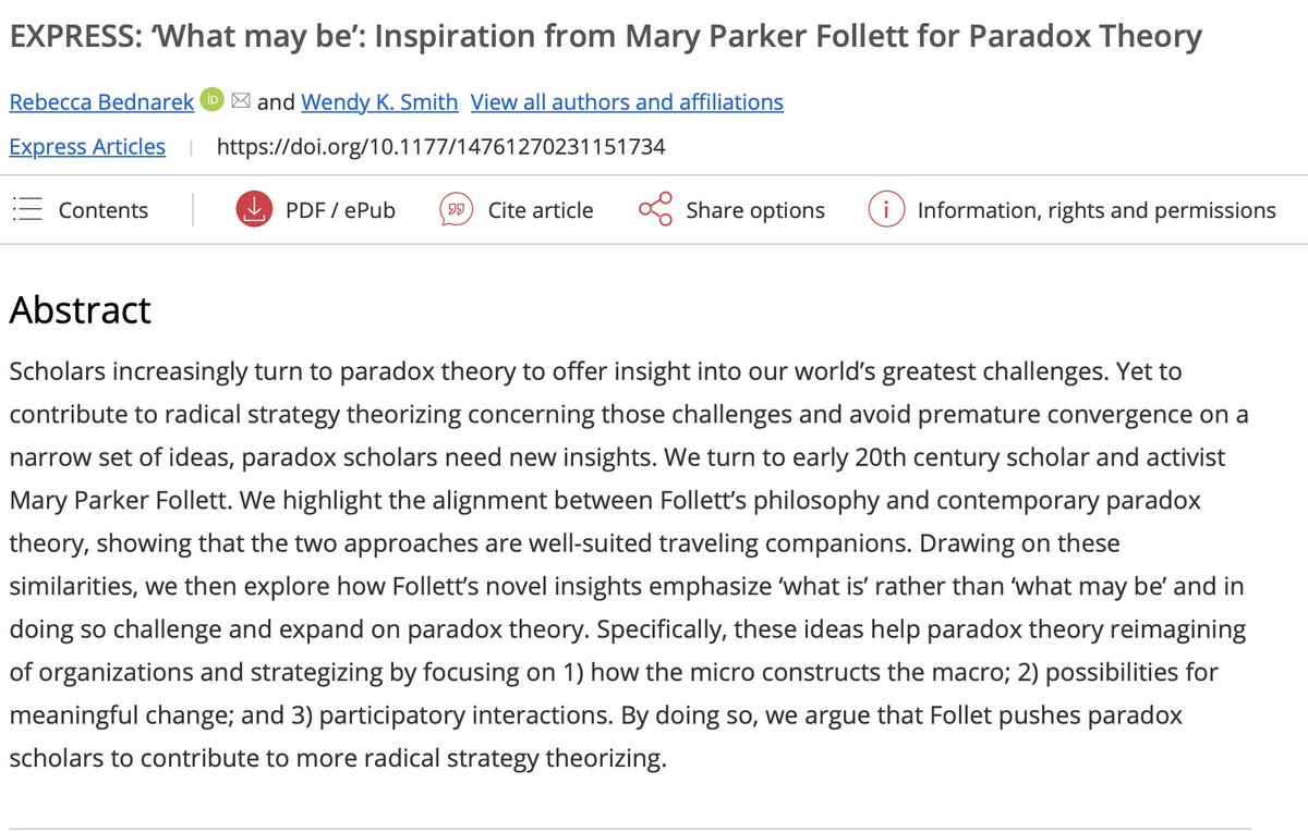Strategic Organization (@strategorg) on Twitter photo New SO! paper 📣: "'What may be': Inspiration from Mary Parker Follett for #Paradox Theory" ☯ (bit.ly/Bednarek_Smith) by <a href="/RebeccaBednarek/">Rebecca Bednarek</a> & <a href="/profwendysmith/">Wendy Smith</a>
<a href="/AOM_STR/">STR - Strategic Management Division</a> <a href="/AOM_OMT/">OMT Division</a> <a href="/Strategizers/">SAP Interest Group</a> <a href="/CenterParadox/">Center of Paradox & Organization</a> <a href="/paradox_bothand/">Paradox Community</a> #MaryParkerFollett New SO! paper 📣: "'What may be': Inspiration from Mary Parker Follett for #Paradox Theory" ☯ (bit.ly/Bednarek_Smith) by <a href="/RebeccaBednarek/">Rebecca Bednarek</a> & <a href="/profwendysmith/">Wendy Smith</a>
<a href="/AOM_STR/">STR - Strategic Management Division</a> <a href="/AOM_OMT/">OMT Division</a> <a href="/Strategizers/">SAP Interest Group</a> <a href="/CenterParadox/">Center of Paradox & Organization</a> <a href="/paradox_bothand/">Paradox Community</a> #MaryParkerFollett