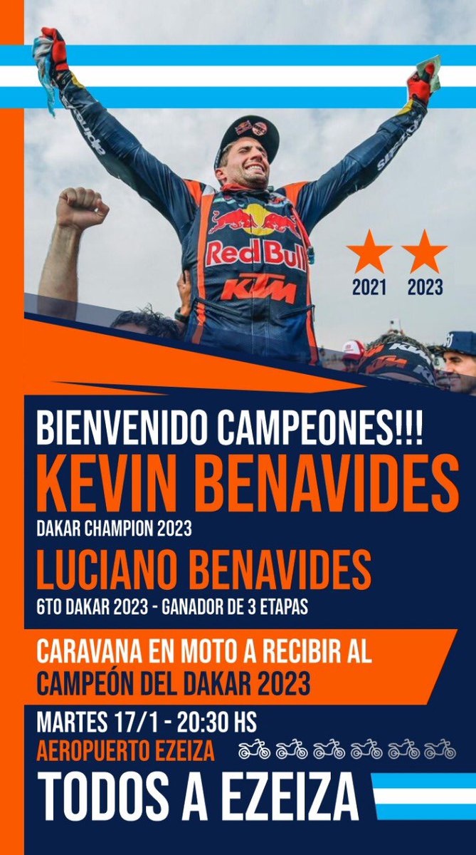 #Dakar2023 Hoy todos los fanáticos de los fierros le dan la bienvenida a los campeones en Ezeiza 
<a href="/kmbenavides/">Kevin Benavides</a> <a href="/KTMArgentina/">KTM Argentina</a> 
<a href="/LBenavides77/">Luciano Benavides</a> <a href="/Hqv_Motorcycles/">Husqvarna Motorcycles</a> 

#FuelUniverse #gatomotos