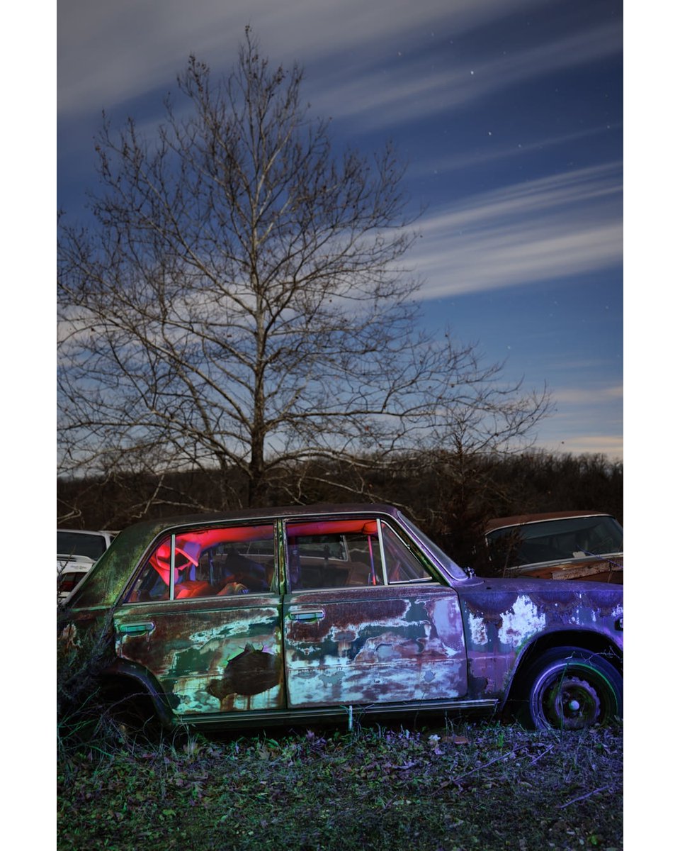 notleyhawkins's tweet photo. Salvage yard in Osage County, Missouri. Photography by Notley Hawkins. #missouri #lightpainting #flash #strobe #RGB #night #nightphotography #moonlight #nocturne #junkyard #autos #cars #autosalvage #abandonedplaces #canonr5 #ruralex #ruralexploration #notleyhawkins https://t.co/3LR6lwW4aa