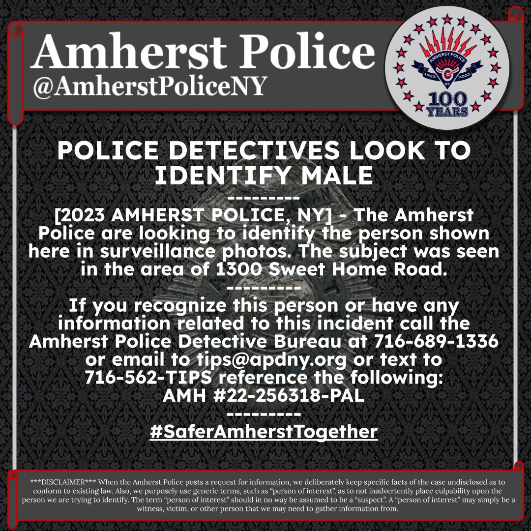amherstpoliceny's tweet photo. [AMHERST POLICE, NY] -- 𝘾𝙖𝙣 𝙔𝙊𝙐 𝙝𝙚𝙡𝙥 𝙩𝙝𝙚 𝘼𝙢𝙝𝙚𝙧𝙨𝙩 𝙋𝙤𝙡𝙞𝙘𝙚?

#SaferAmherstTogether

@wgrz @news4buffalo @wkbw @SPECNews1BUF
@thebuffalonews @wben @wbfo @wnynews @wnynewsnow @FOX29Buffalo https://t.co/O79jLpPjWT
