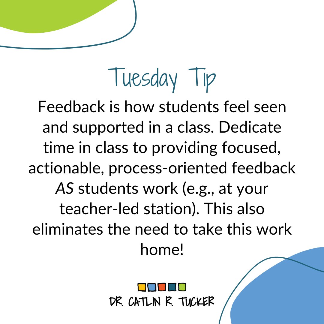 Tuesday Tip: Feedback is how students feel seen and supported in a class. Dedicate time in class to providing focused, actionable, process-oriented #feedback AS students work. This also eliminates the need to take this work home!

#edchat #blendedlearning #edutwitter #education