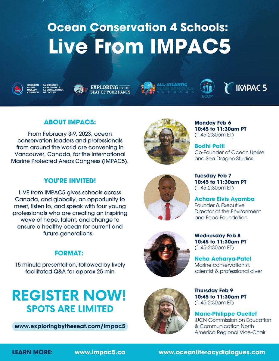 Hey teachers and students! 

Sign up now for "Ocean Conservation 4 Schools: Live from <a href="/IMPAC5Canada/">IMPAC5</a>"  to to meet with 4 young professionals  leading #OceanConservation from Feb 6-9th ➡️loom.ly/udf1kwg

Hosted by <a href="/CANoceanlitCO/">Canadian Ocean Literacy Coalition (COLC)</a>, <a href="/EBTSOYP/">ExploringByTheSeat - Find us on BlueSky</a>, <a href="/AllAtlanticO/">All-Atlantic Ocean Research & Innovation Alliance</a> &amp; <a href="/OceanDecadeECOP/">Early Career Ocean Professionals</a>