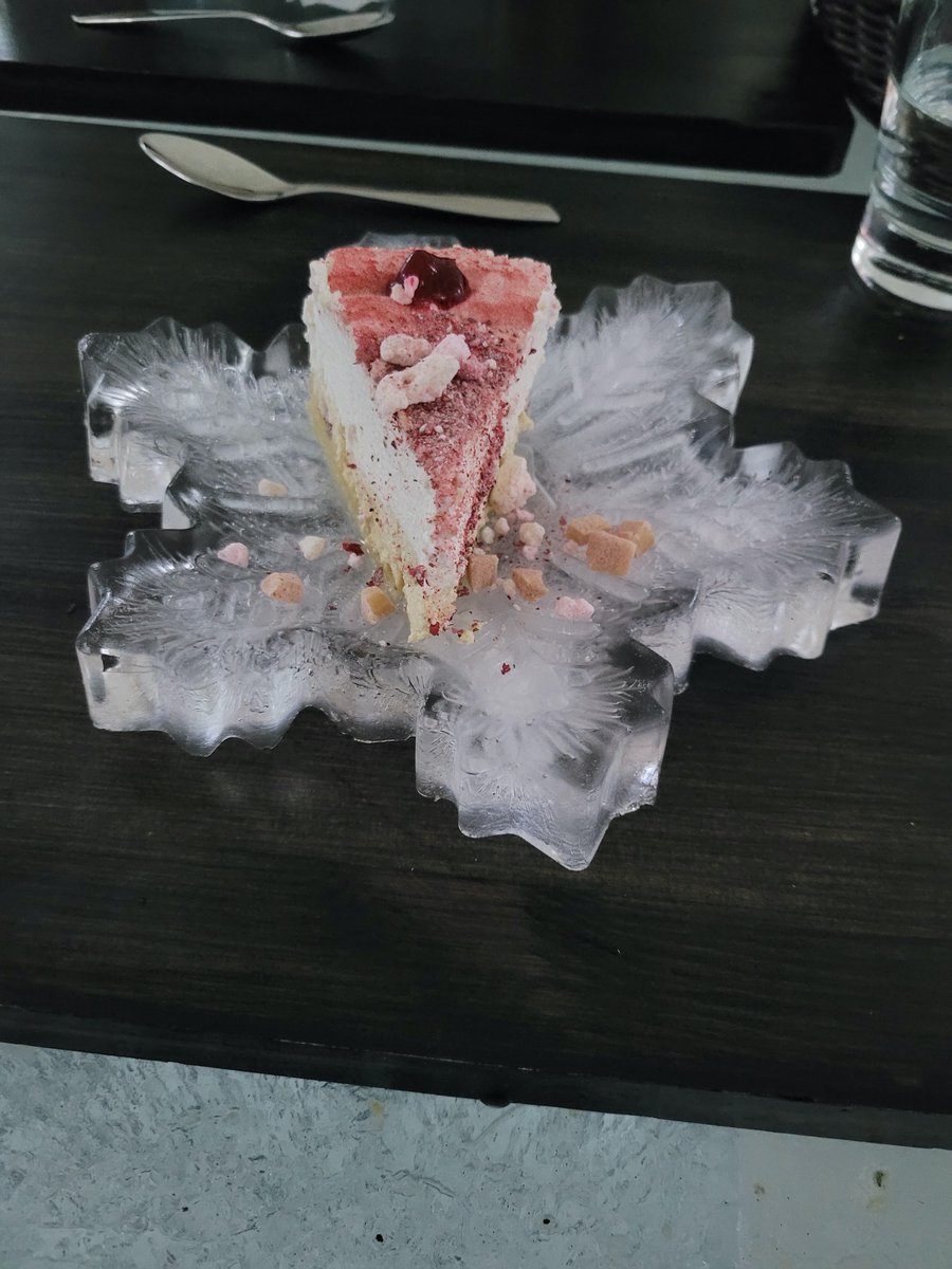 YT40's tweet photo. #lingenberry #bavaroise served on a plate made from ice. #Snowhotel #Rovaniemi #Finland https://t.co/pgm560RVay