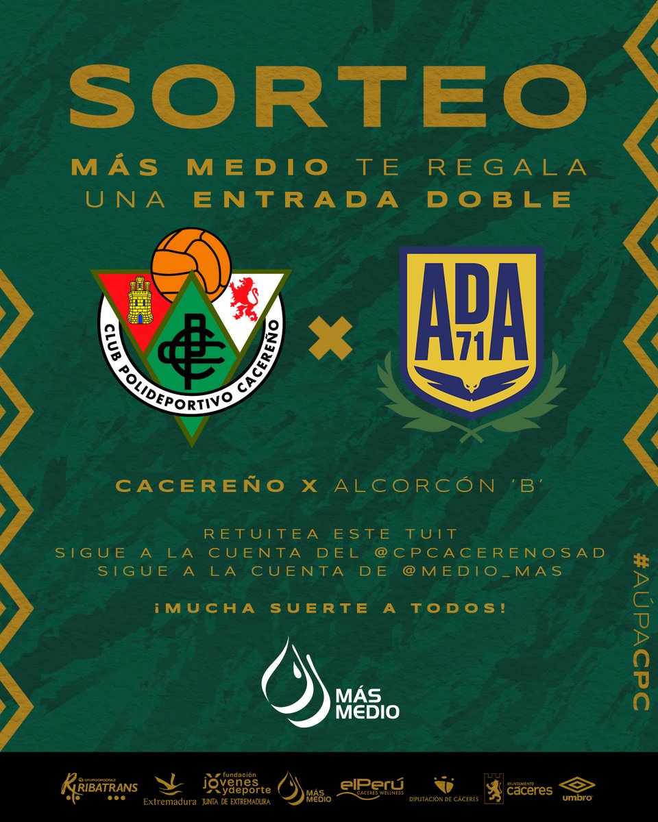 ¡Seguimos con más sorteos! 🔝

En este caso, nuestro patrocinador <a href="/medio_mas/">MásMedio Cáceres</a> sortea una entrada doble para ver el #CacereñoAlcorcónB 🎟🎟

Para participar:

➡ Retuitea este tuit
➡ Sigue al <a href="/CPCacerenoSAD/">CP Cacereño 🟢🐉</a>
➡ Sigue a <a href="/medio_mas/">MásMedio Cáceres</a>
 
¡Mucha suerte a todos! 🍀