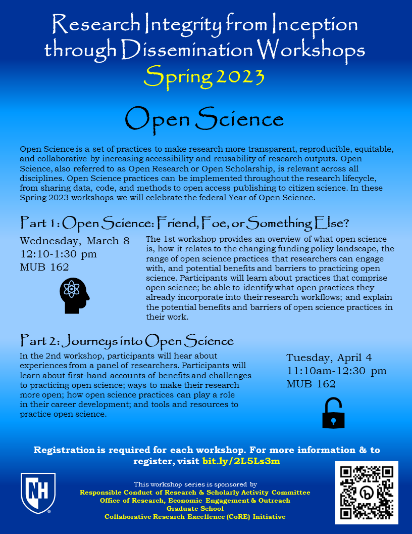 This week's Monday morning Spotlight on Research Integrity is...

Sign up now for the Open Science workshops being offered at UNH in March &amp; April ~ bit.ly/2L5Ls3m

<a href="/UNH_GradSchool/">UNH Graduate School</a> @unhlibrary @unhresearchnews #spotlightonresearchintegrity