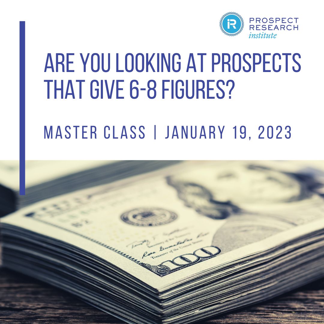 ProRInstitute's tweet photo. First Master Class of 2023, and it is now available for individual purchase! We will discuss high wealth and philanthropic motivations. Better support your dev. officers and communicate better with these prospects. Register here: https://t.co/FMc984SQ1G
#ProspectResearch https://t.co/n8bpnvRKXl