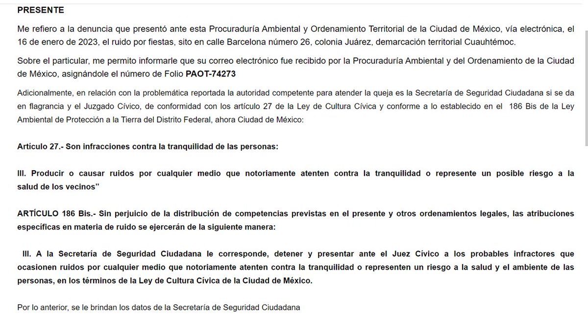 Sobre el ruido que genera casona Barcelona 26 en la Juárez, presenté denuncia a <a href="/paot/">vincenticruz</a>, quien me comenta que la <a href="/SSC_CDMX/">SSC CDMX</a> puede detener a responsables en flagrancia. He reportado mil veces a los oficiales de la <a href="/SSC_CDMX/">SSC CDMX</a>  , la respuesta es que NO tienen atribuciones!!!