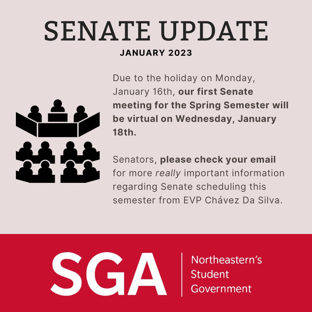 Due to the holiday on Monday, January 16th, our first Senate meeting for the Spring Semester will be virtual on Wednesday, January 18th. 

Senators, please check your email for more really important information regarding Senate scheduling this semester from EVP Chávez Da Silva.