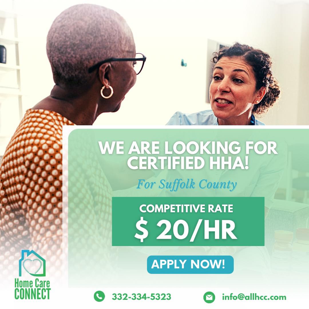 We are looking for Certified Home Health Aides for Suffolk County.
  
If you are interested, kindly give us a call at 332 334 5323.

#homehealthaide #hha #newyorkjobs #suffolkcountyjobs