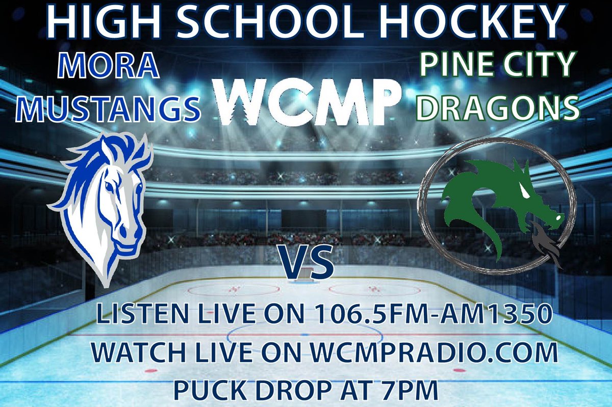 Qmediasports's tweet photo. Boys hockey tonight on WCMP!

Mora vs Pine City 7PM
Listen live on 106.5FM-AM1350
Watch live at https://t.co/tOET5NSnGu

@Dragonhockey13 
@MoraBoysVarsity https://t.co/c6T9ngZ0Me