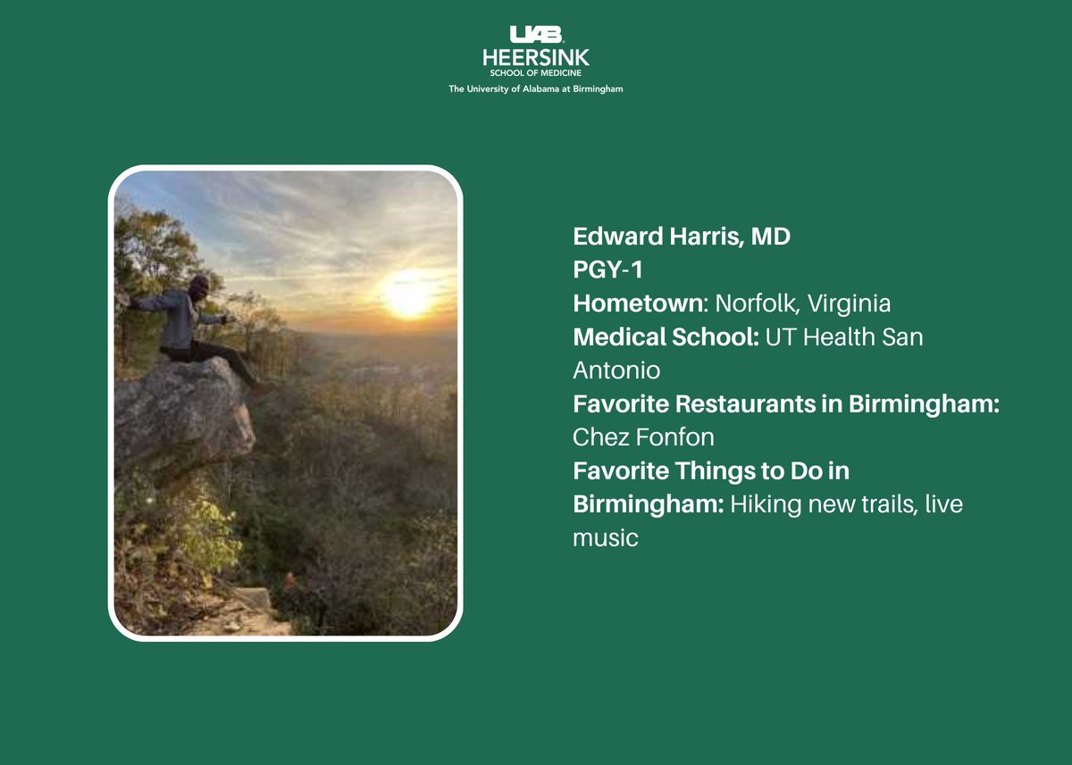 UAB_OTO's tweet photo. Dr. Edward Harris is our resident highlight of the day!
He enjoys hiking new trails on the beautiful surrounding mountains of Birmingham and listening to live music at our several great venues around town.
#ENTMatch #Match2023
@UABHeersink https://t.co/geClOVAdkT