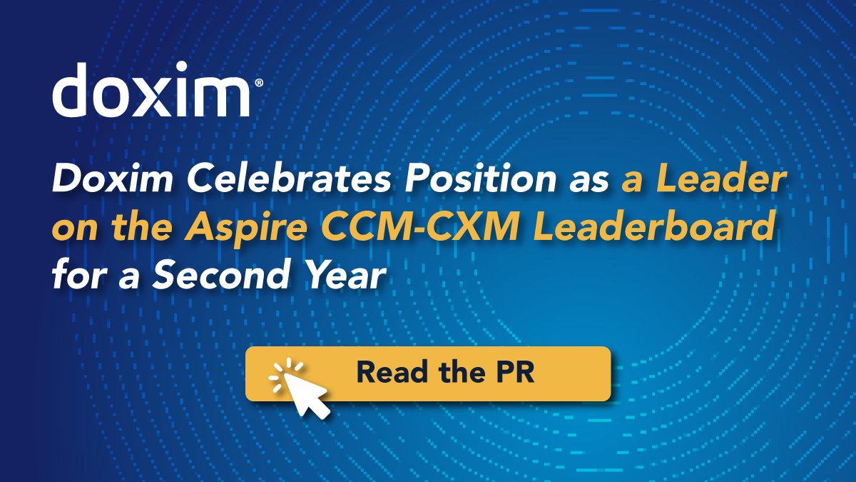 Doxim_Inc's tweet image. We are proud to announce that Doxim has been positioned as a leader on the @aspireccs CCM-CXM Leaderboard for a second year! Read more: bit.ly/3QPplvM
Time to improve your #CustomerCommunications? (in-house or fully outsourced) Get in touch: doxim.com/contact/
#CCM