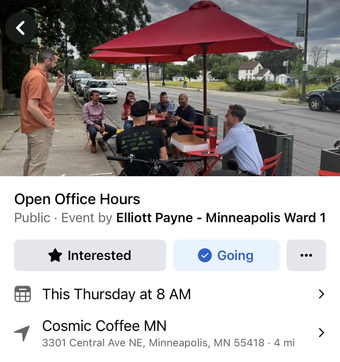 MplsWard1's tweet photo. Monthly Office Hours this Thursday, January 19th from 8:00-10:00 AM

Where: Cosmic Coffee 3301 Central Ave NE

Details: https://t.co/X9Gn9ztxo8

Transit: Route 10 https://t.co/Sxx5R3kkQc