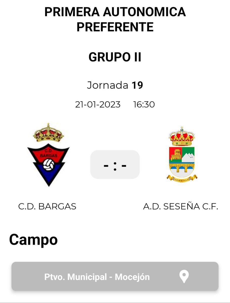CDbargasoficial's tweet photo. Horario para el encuentro de la jornada 19 frente a @adsesenacf . 
IMPORTANTE: El encuentro se jugará en Mocejón, en el Ángel Tardío, el sábado a las 16:30h., ya que nuestro campo está en obras debido al cambio de césped.
Os esperamos! #VamosBargas 💪⚽ https://t.co/8bm5YSZ0MV
