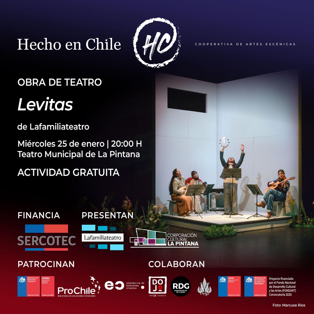 hechochileaaee's tweet photo. ¡Seguimos con la programación de Hecho En Chile AAEE✌🏽!

📌 Miércoles 25 de enero
📍Teatro Municipal de Corporación Cultural de La Pintana
⏰ 20.00 Horas

➡️ Presentación de la obra “Levitas” de la Compañía Lafamiliateatro 🎭 https://t.co/tAdXrLxmIq