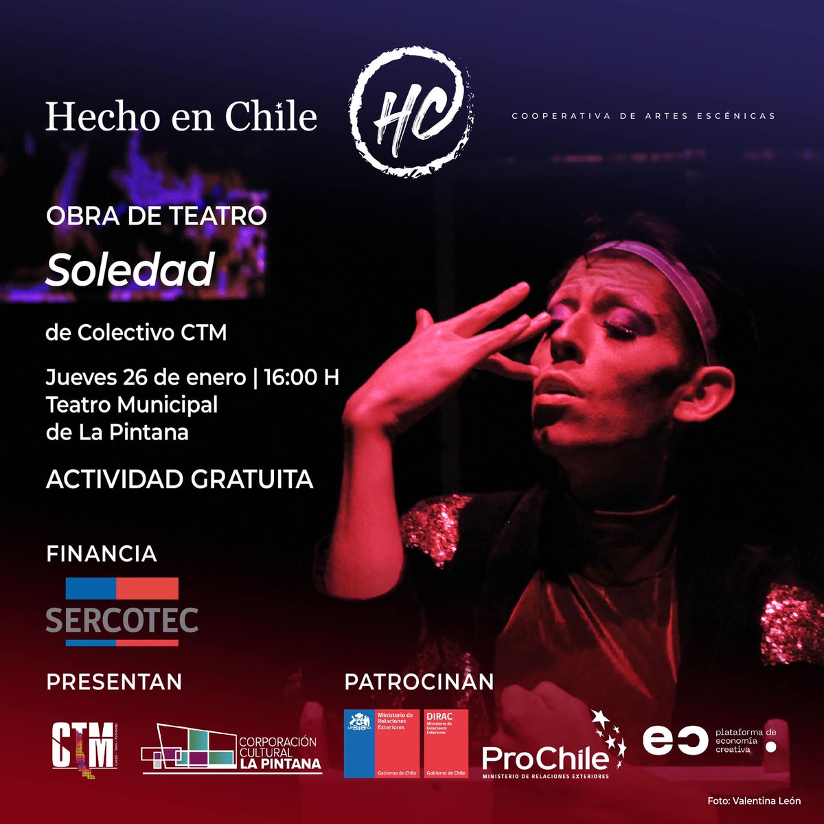 hechochileaaee's tweet photo. ¡Seguimos contándoles de las funciones que daremos durante este mes!, en la programación de @hechoenchileaaee✌🏽

📌 Miércoles 26 de enero 
📍Teatro Municipal de Corporación Cultural de La Pintana
⏰ 16.00 Horas

➡️ Presentación SOLEDAD, obra del @colectivoctm https://t.co/hji5PKfBx2