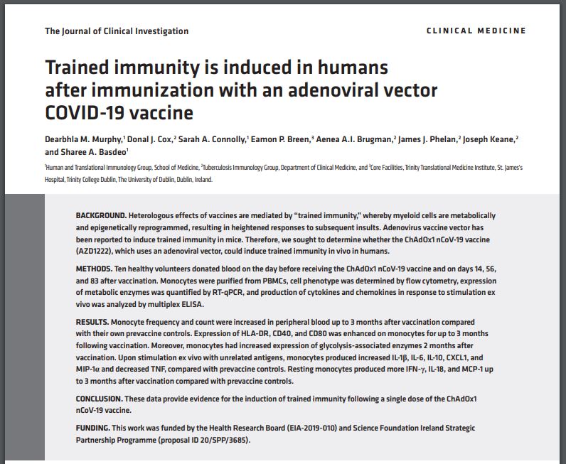 derv_murphy's tweet image. I am absolutely delighted to share our paper showing the induction of trained immunity by an adenoviral COVID-19 vaccine published in @jclinicalinvest this evening! A truly massive thank you to @ShareeBasdeo and the whole team for all their help 🥳🥳 jci.org/articles/view/…