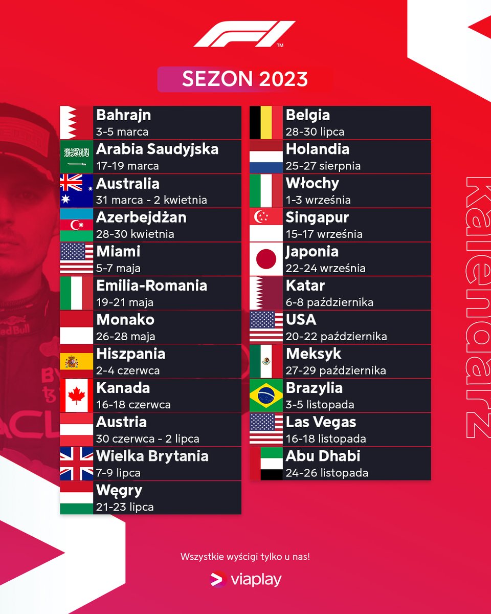 Tak prezentuje się kalendarz na sezon 2023! 😍 📆 Wypadły z niego 🇨🇳 Chiny, przez co przed nami 23 weekendy z #F1. Na które wyścigi czekacie najbardziej? Czy macie swój ulubiony tor? 🏁 ⚠️ Cały sezon tylko w Viaplay!