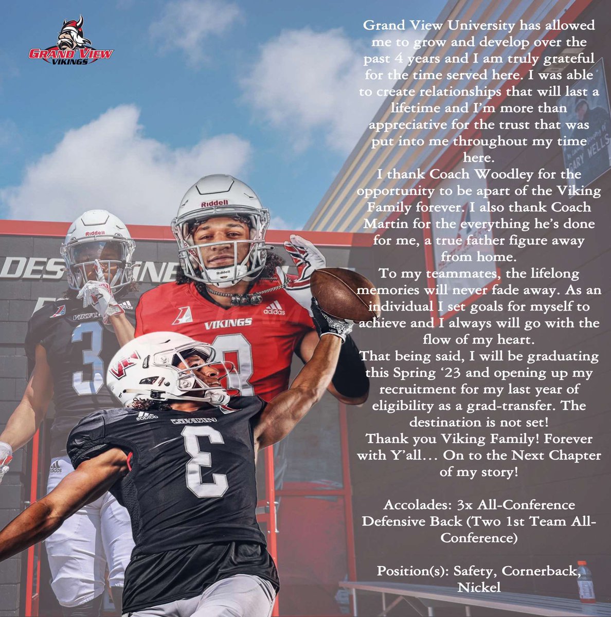 I believe in myself more than anyone. I’m ready for CHANGE‼️
3x All-Conference DB (two 1st team)
-1year of eligibility