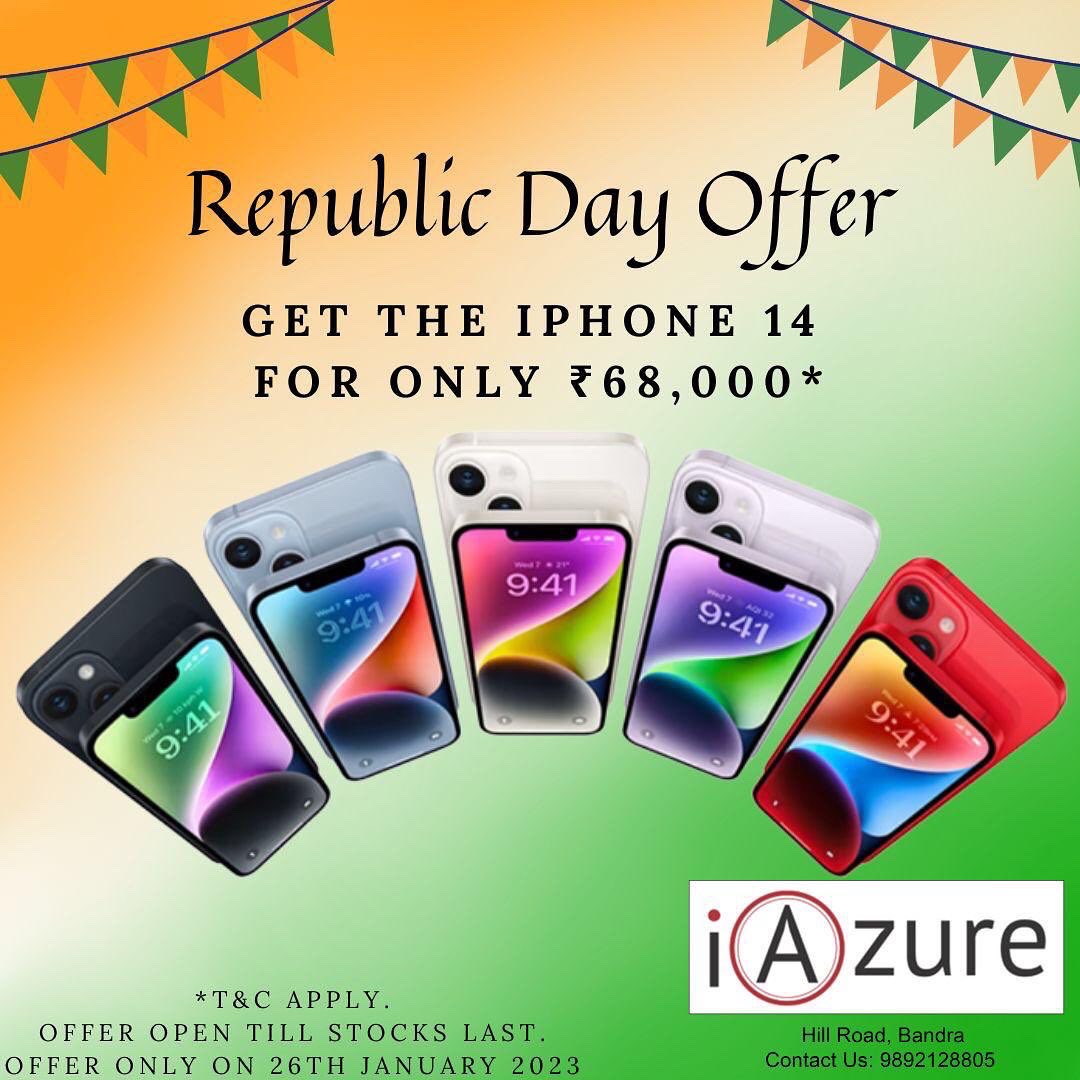 Have a grand happy Republic Day !  Super offers on iPhone 14 🎊🇮🇳Contact 9892128805