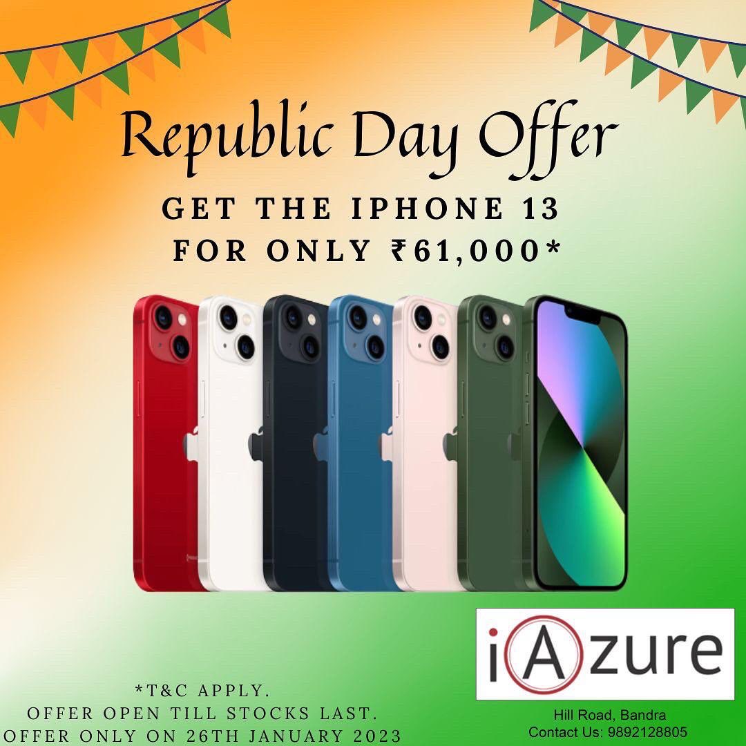 iAzureAppleSTO's tweet photo. Have a grand happy Republic Day !  Super offers on iPhone 14 🎊🇮🇳Contact 9892128805 https://t.co/kqVe9fp747