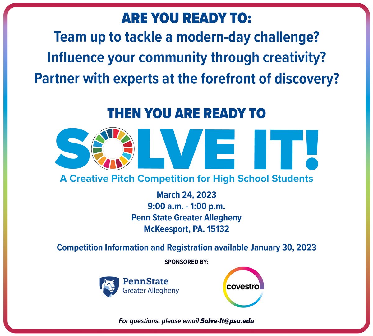 #WeAre pleased to partner with <a href="/CovestroUS/">CovestroUS</a> to host a creative pitch competition for high school students <a href="/pennstatega/">Penn State Greater Allegheny</a>.  If you know creative thinkers committed to a sustainable future, this event is for them!

Save the date, form a team and watch for more info!
