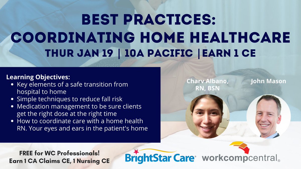WorkCompCentral's tweet photo. Don't forget! Register for the Best Practices: Coordinating Home Healthcare webinar on Thursday, Jan. 19th!

Earn 1 CA Claims CE

#Webinar #DontMissIt #WorkersComp #WorkCompCentral https://t.co/UNUSRAuwht