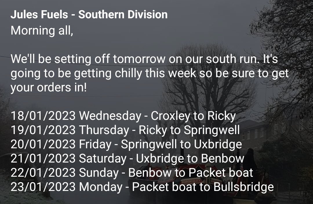 FuelsJules's tweet photo. Morning all, our South run schedule below: drop us a text if you need anything 07596 420220 https://t.co/B9txq9xqwM