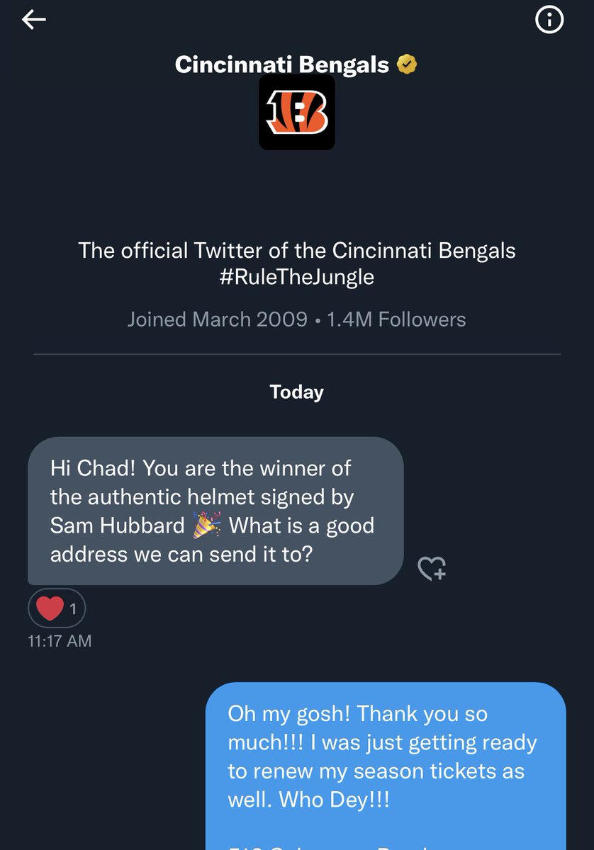 ChadKinzel's tweet photo. After witnessing one of the greatest defensive plays I’ve ever seen on Sunday night, I get this message today. I’m incredibly honored. Love this team and my fellow fans. ❤️ @Bengals Donation incoming @sh94foundation #RuleThePlayoffs #RuleTheJungle #WhoDey https://t.co/hxZUAh499t