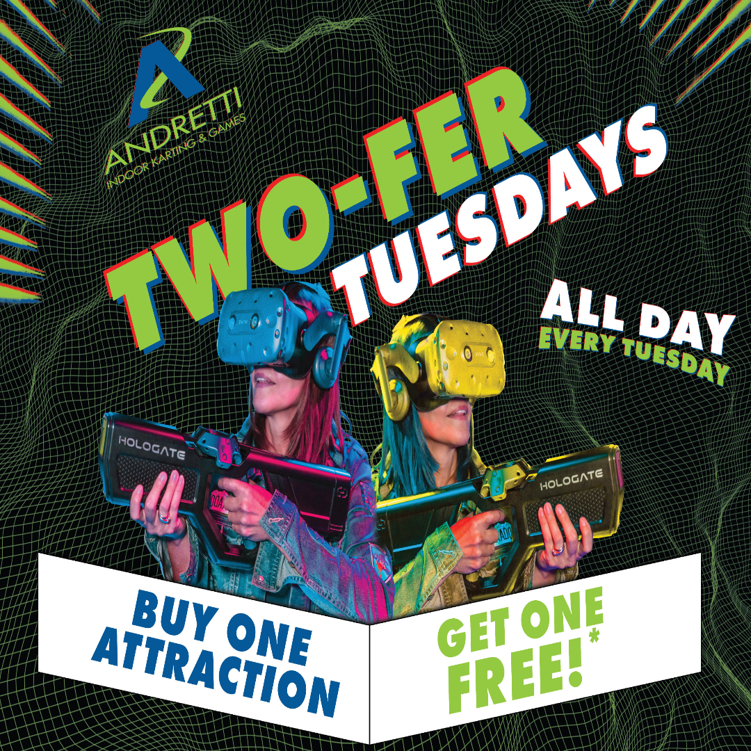 AndrettiCobb's tweet photo. ✌️ Two-fer Tuesdays at #AndrettiMarietta, doubles the fun for you! Buy one attraction and get one FREE! Tuesdays are always DOUBLE THE FUN with us!
-
#twofertuesday #arcade #arcadegaming #arcadeday #andrettimarietta #lastertag #7Dxperience #fun #hologate https://t.co/AgODim2pEk