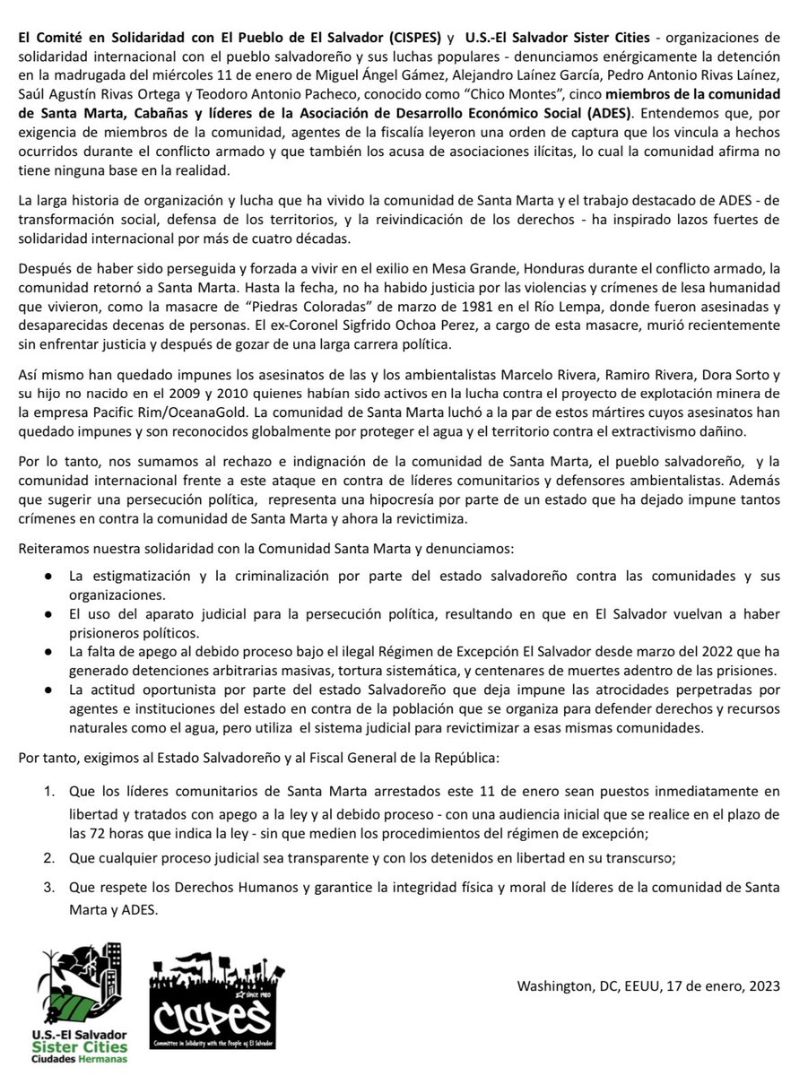 CISPES's tweet photo. 📣 #SantaMartaNoEstaSola 
 
Acompáñanos las denuncias de la comunidad de Santa Marta y exigimos al @FGR_SV lo siguiente:

✅ La inmediata liberación de líderes de la comunidad de #SantaMarta y @ades_sm

🧵👇🏼 https://t.co/uQuxijO7Qk